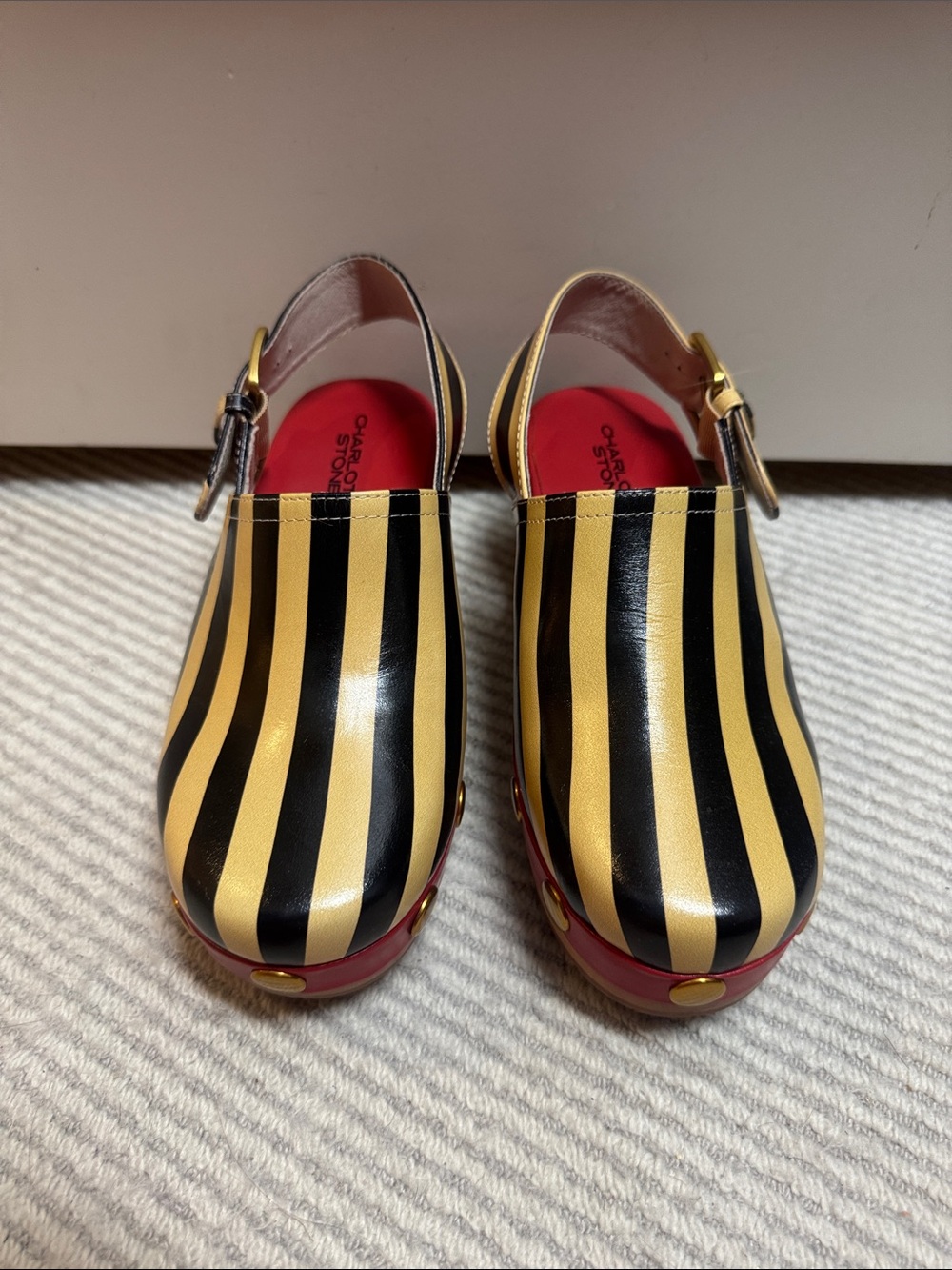 Charlotte Stone Cream & Black Striped Slingback Clogs Red Leather Gold Studs - Picture 2 of 8
